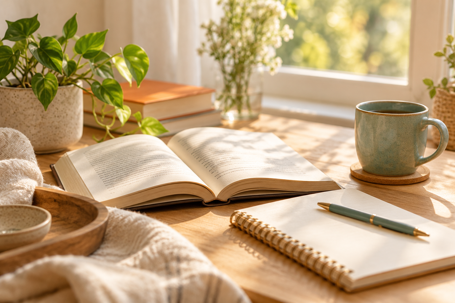 Libro abierto y cuaderno junto a una ventana con luz cálida