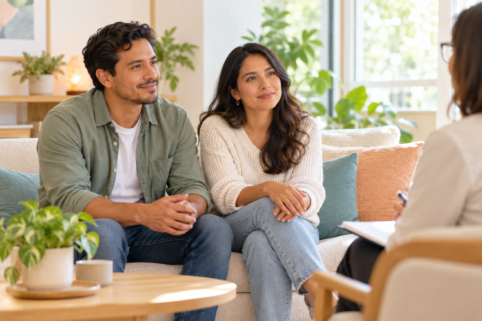Imagen ilustrativa de una pareja conversando con una terapeuta